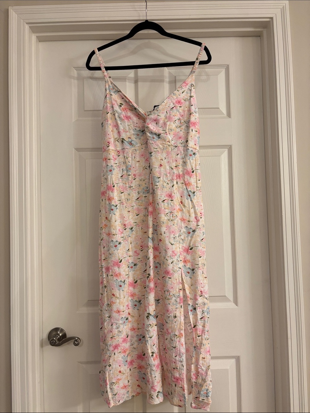Black Tape_ Floral Midi Linen Slip Dress in Pink and Cream